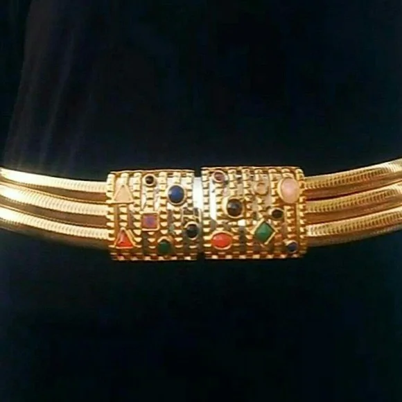 Vintage 70s Gold Stretch Belt w/ Gemstones Buckle - Picture 3 of 11
